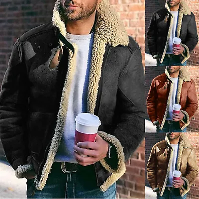 Mens Coats PU Leather Short Jacket Fur Lambwool Lined Warm Casual Tops Handsome • $41.60
