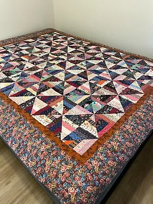 Homemade Log Cabin Design Quilt - Twin Size Handmade Approx 80x68 • $58.45