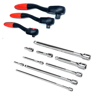 12pcs Hand Ratchet 1/2  3/8  1/4  Dr. Socket Wrench & Wobble Extension Bars Set • $42.99