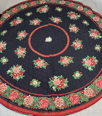 Vintage Quilted Floral Christmas Tree Skirt Black Red Green Gold 50  • $29.28