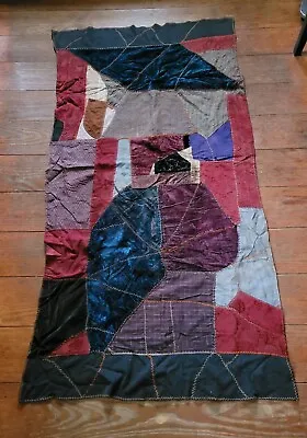 Antique Crazy Quilt Blanket Hand Cross Stitches Velvet Velour Small Sz 65  X 35  • $69