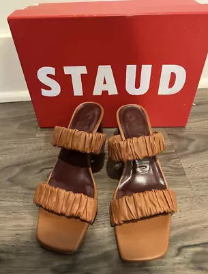 $285 • Buy Staud Brown / Tan Leather Frankie Ruched Heels / Sandals - Size 37.5 / 7 US