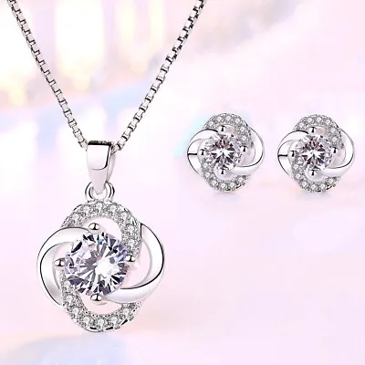 £4.97 • Buy 925 Sterling Silver Crystal Swirl Necklace Stud Earrings Womens Girls Jewellery 