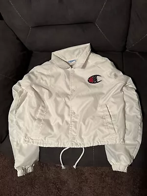 VTG Champion Women's Size Small Windbreaker White Cropped Track Jacket Button Up • $14.99