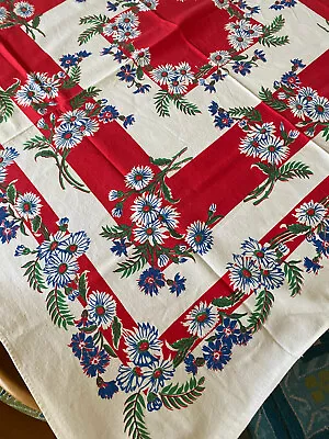 Vintage Tablecloth Floral Cotton 40s 50s Mid Century Retro Red Green Blue White • $39.99