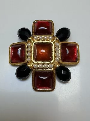 Rare Vintage 2.5  Gripoix Style Faux Pearls Joan Rivers Maltese Cross Pin Brooch • $96