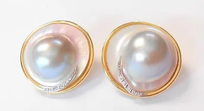 Gorgeous Large Mabe Blister Pearl W Diamonds 14K Yellow Gold Omega Back Earrings • $599