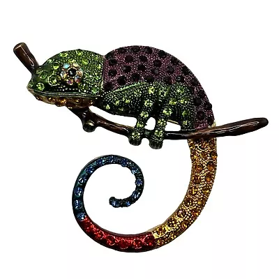 CHAMELEON BROOCH Pin Pendant Rhinestone Green Head Enamel Lizard Costume Jewelry • $11.99