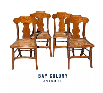 19th C Antique Set Of 4 Curly Maple & Birds Eye Maple Saber Leg Dining Chairs • $2475