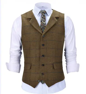 Mens Tweed Waistcoat Winter Vintage Retro Herringbone Formal Vest 42 44 46 48 50 • £28.76
