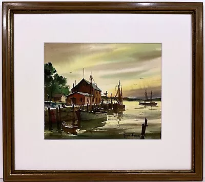 JOHN CUTHBERT HARE 20th C American WATERCOLOR PAINTING Harbor At Sunset Cape Cod • $395