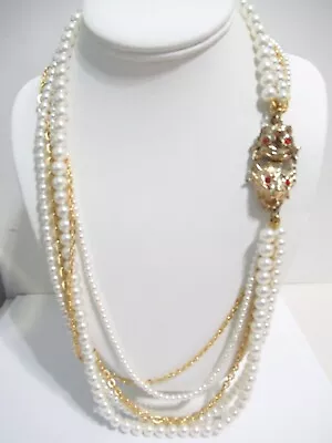 Faux Pearl And Gold Tone Multi-strand Necklace Double Lion Head Clasp Japan • $26