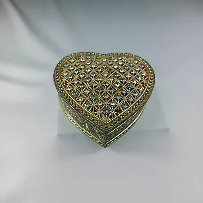 Heart Shape Jewellery Trinket Box Decorated With Tiny Blue And Clear Stones • £11.50