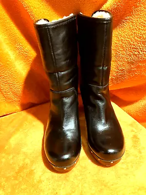 UGG Lynnea Black Leather Platform Studded Cuff Down Clog Boots Sz 6 US 37 EU • $49.99