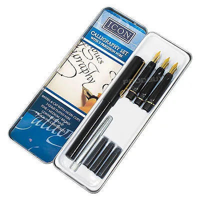 Calligraphy Pen Tin Set Black Ink Cartridges Fine Medium Broad Writing Gold Nibs • £9.99