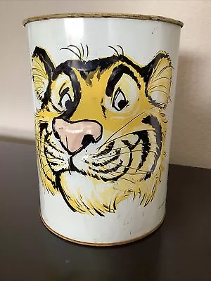 ESSO TIGER VINTAGE TIN LITHO METAL TRASH CAN WASTE BASKET EXXON 1960's GAS OIL • $49.99