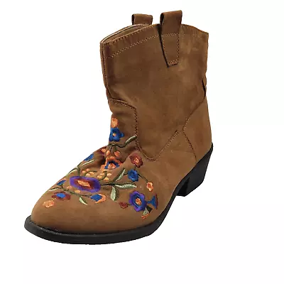 Kohls Mudd  Embroidery Floral Brown Faux Suede Ankle Boots Susan G Komen SZ 10 M • $17.99