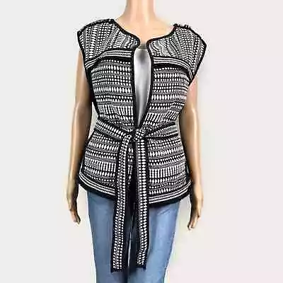 H&M Size 12 Black Cream Southwestern Woven Fringe Belted Open Front Vest Jacket • $40