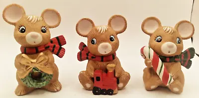 Vintage Homco Set Of 3 Christmas Mice Figurines 5210 Wreath Train Candy Cane • $18.99