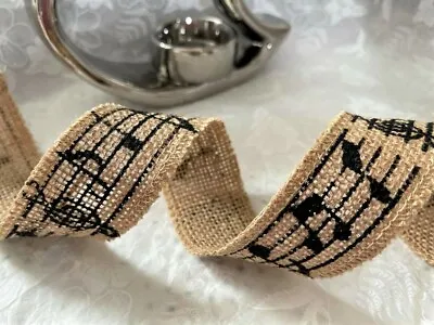 MUSIC NOTE Hessian Printed 38mm - Luxury Non Wired Ribbon - Various Lengths • £3.20