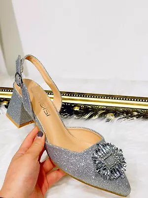 New Womens Ladies Diamante Mid Heel Strap Pointed Toe Party Wedding Sandal Shoes • £14.24
