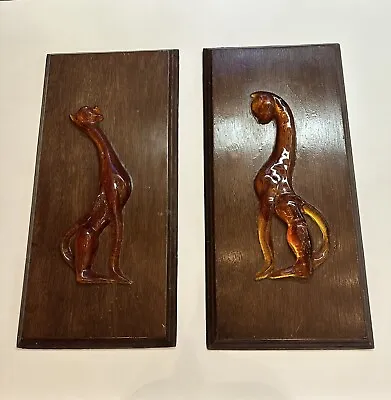 Vintage MCM Sleek Siamese Cat Wall Art Plaque Set Orange Lucite Wood 23x11 Each • $50