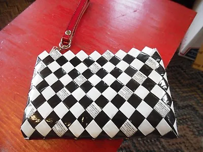 Nahui Ollin Candy Wrapper Clutch Wristlet Bag Black & White With Red Handle -  • $30