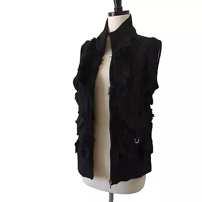 Rochelle California Women's Rabbit Fur Ribbed Knit Vest Black Medium Soft Zip Up • $29.99