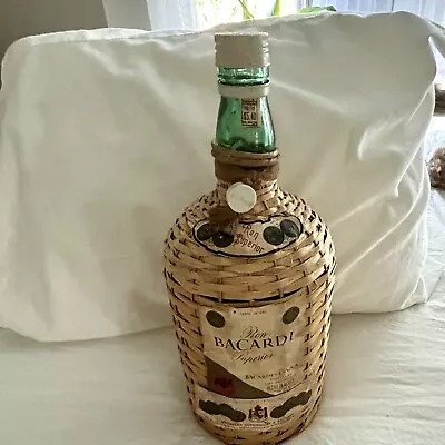 Vintage Wicker Wrapped Ron Bacardi Superior P.R. Rum Bottle Large 1/2 Gallon • $35