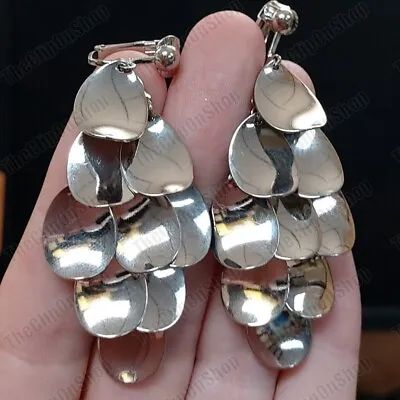 CLIP ON Non-pierced CHANDELIER EARRINGS 6cm Long Articulated Drop SILVER FASHION • £3.99