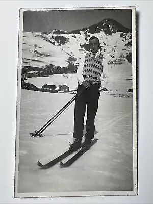 1932 SNOW SKIER Man In Sweater Vest CHATEAU D’ Oex RPPC Real Photo Postcard • £27.91