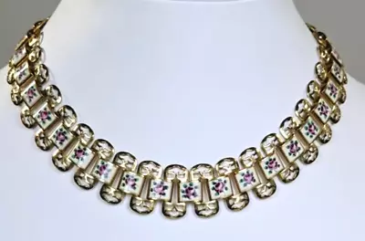 Vintage Enamel On Book Chain Necklace-Gold Tone-Choker Like Enamel Necklace • $48.99