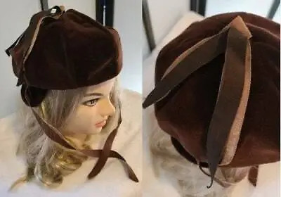 Vintage 30s Round Brown Velvet Bonnet Hat Small Ear Flaps Ribbons Art Deco • $14.99