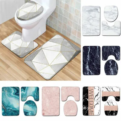 Anti Slip Marble Bathroom Mat Set Toilet Seat Lid Cover Pedestal Rug Bath Mats • $21.99