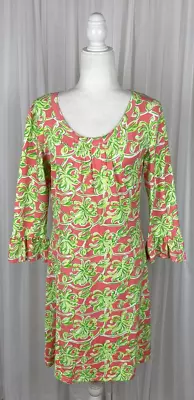 Barbara Gerwit Women's Sz M Coral & Green Floral Casual Dress 3/4 Ruffle Sleeves • $7.48