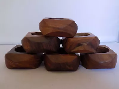 Vtg Mid Century Modern Faceted Teak Wood Napkin Rings Holders Set Of Eight 6 • $24.99