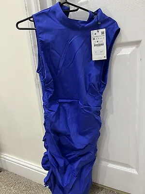 ZARA Fitted DRAPED RUCHED STRETCH POPLIN MINI DRESS Size M Royal Blue BNWT🌹🌷 • £17.50