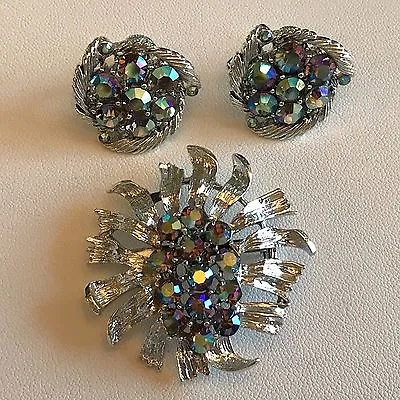 Vintage Lisner Silver Toned Aurora Borealis Rhinestone Pin Brooch Earrings Set • $21.99