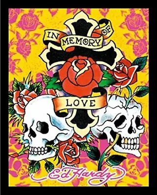 FRAMED Ed Hardy In Memory Of Love 19.5x15.5 Tattoo Art Poster Roses And Skulls • $58