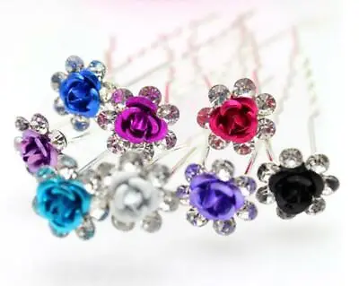 £3.47 • Buy 10x Rose Flower Wedding Hair Pins Bridesmaid Crystal Diamante Bridal Clips Grips