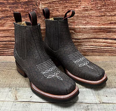 Men Western Cowboy Square Toe Ankle Boot Rodeo Bullneck Lather Botin Vaquero 350 • $131.19