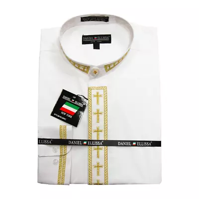 Daniel Ellissa Mens Clergy Shirt Long Sleeve Cross Placket White/Gold • $34.99