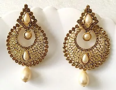 Indian Designer Bollywood Gold Tone Kundan Jhumka Polki Pearl Drop CZ Earrings • $23.09