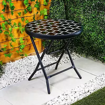 Small Garden Lattice Folding Drinks Side Table Glass Bistro Dining Outdoor Patio • £24.95