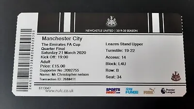 £2.60 • Buy Ticket Newcastle United - Manchester City 2019/20 FA Cup Collectible Ticket