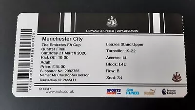 £2.60 • Buy Ticket Newcastle United - Manchester City 2019/20 FA Cup Collectible Ticket