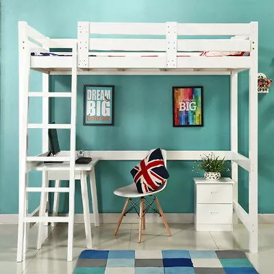 3ft White Solid Wooden Single Bed Frame High Loft Sleeper Bed Cabin Bed Bunk Bed • £135.95