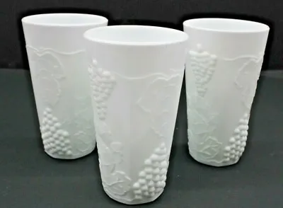 3 Vintage Mid Century Milk Glass Paneled Grape 12oz. Tumblers Iced Tea Glasses • $21.99