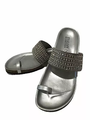 Italian Shoemakers Sandals ￼ Metallic Silver ￼Rhinestone Cork Wedge Size 8 • $27.95