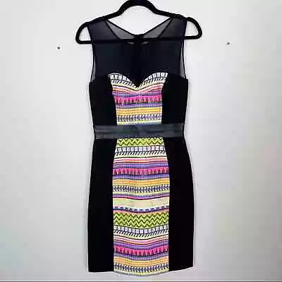 MILLY Size 4 Malhia Striped Aztec Sheath Dress Cocktail Black Neon Pink Yellow  • $75